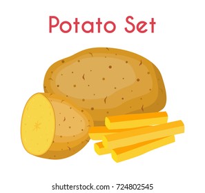 Potatoes set, french fries, brown tasty vegetable. Organic food. Made in cartoon flat style. Vector illustration