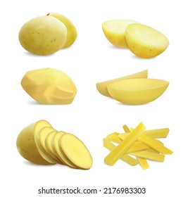 Potatoes set of realistic compositions with isolated images of whole ripe potatoes sliced in different ways vector illustration