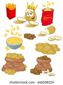 Potatoes set-bag with potatoes, sliced potatoes, French fries, crisps, crisps. Vector cartoon illustration