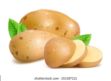 Potatoes with slices and leaves. Vector illustration