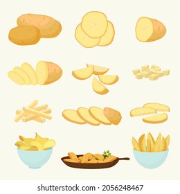 Potatoes and snacks from it set. Golden vegetable for making chips and frying organic staple for agriculture round wedges for side dish and nutritious delicious diet. Vector cartoon agriculture.