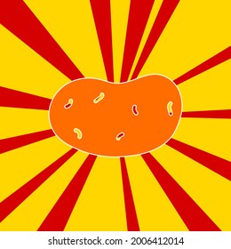 Potatoes symbol on a background of red flash explosion radial lines. The large orange symbol is located in the center of the sun, symbolizing the sunrise. Vector illustration on yellow background