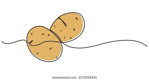 Potatoes vector illustration. One continuous line drawing art illustration with lettering organic potatoes, One line drawing features two potatoes in a simple and elegant continuous line, creating.