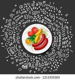 Potatoes with vegetables and Sausage on Plate Icon, isolated on black background. Grilled Sausages, fresh Vegetables, sauce - Fast Food vector objects on plate with greens and doodle decoration around