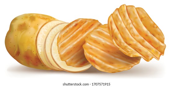 Potatoes wavy chips on a white background. Vector mesh illustration
