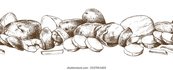 Potatoes whole, half, cut, peeled and wedges seamless border. Graphic illustration hand drawn in brown ink. EPS vector on the theme of harvest cooking, food, packaging, vegetable shop design