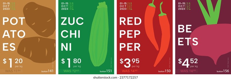 Potatoes, zucchini, red pepper, beets. Vegetables poster set in flat colourful design. Price tag, label or poster. Flat vector illustration.