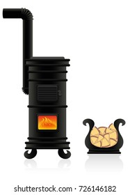 Potbelly stove - antique cast iron stove with flames at the viewing window, plus vessel for firewood. Isolated vector illustration on white background.