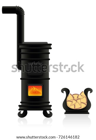 Potbelly stove - antique cast iron stove with flames at the viewing window, plus vessel for firewood. Isolated vector illustration on white background.