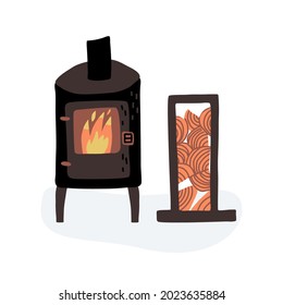 A potbelly stove with a burning fire and a log rack with a firewood stack for kindling. Cartoon style vector isolated illustration.