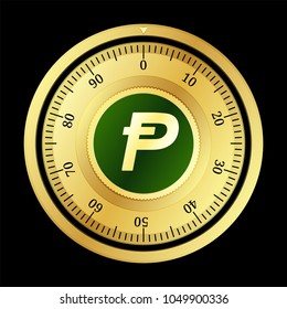 PotCoin (POT) cryptocurrency safe lock. Eps10 vector illustration isolated on black background.