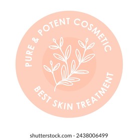 Potent and pure cosmetics for skincare and wellness. Essence or serum with flowers and herbs ingredients. Cosmetology and dermatology. Skin treatment products emblem or logotype. Vector in flat style