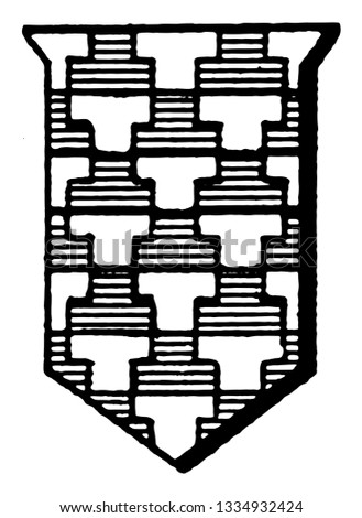 Potent Shield Fur are represented by alternating blue azure and silver argent T shapes, vintage line drawing or engraving illustration.