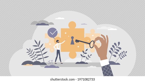 Potential achievement and open unrealized power or talent tiny person concept. Scene with horizon expanding with unlocking key and professional ability growth vector illustration. Unleash career goal.