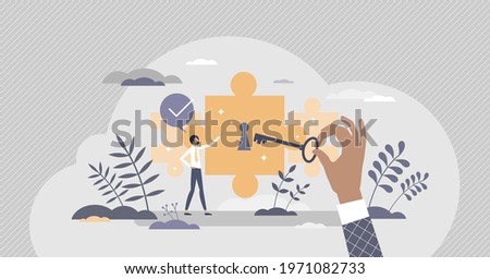 Potential achievement and open unrealized power or talent tiny person concept. Scene with horizon expanding with unlocking key and professional ability growth vector illustration. Unleash career goal.