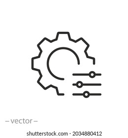 Anpassungssymbol, Prozesseinstellung, Mechanismus-Setup, Dünnzeilensymbol auf weißem Hintergrund - bearbeitbare Schlaganfallgrafik