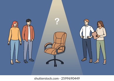 Potential candidates for vacancy stand near empty office chair, for personnel recruiting concept. Men and women are researching available vacancy, wanting to get good offer with high salary