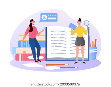 Potential customer read review before visit location. Social media post help attract clients. Customer service manager analyse feedback. Flat abstract metaphor vector cartoon concept isolated on white