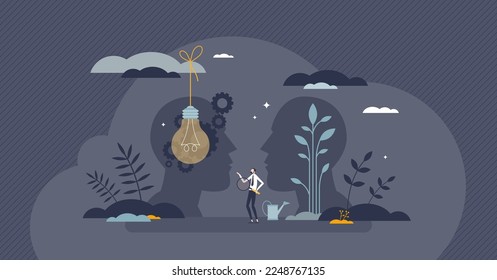 Potential development and possible personal growth tiny person concept. Progress and achievement opportunity from positive mindset, successful learning and skills performance vector illustration.