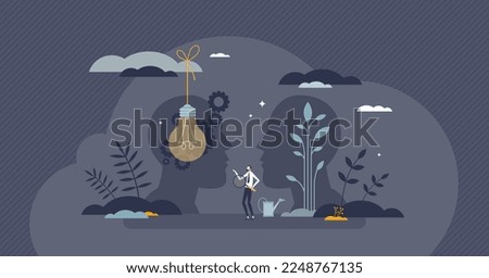 Potential development and possible personal growth tiny person concept. Progress and achievement opportunity from positive mindset, successful learning and skills performance vector illustration.