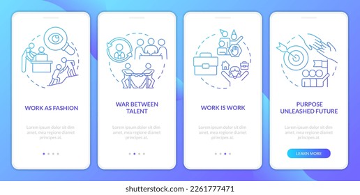 Potential future of work relations blue gradient onboarding mobile app screen. Walkthrough 4 steps graphic instructions with linear concepts. UI, UX, GUI template. Myriad Pro-Bold, Regular fonts used