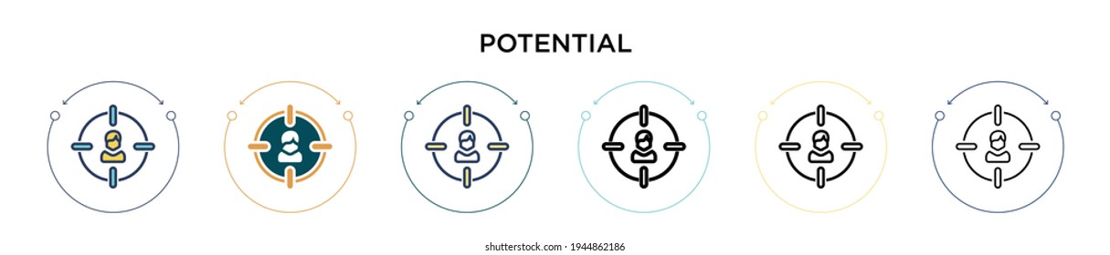 Potential icon in filled, thin line, outline and stroke style. Vector illustration of two colored and black potential vector icons designs can be used for mobile, ui, web