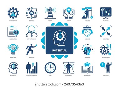 Potenzieller Icon-Satz. Management, Chancen, Information, Bildung, Vision, Fähigkeit, Lösung, persönliches Wachstum. Duotone-Farbsymbole