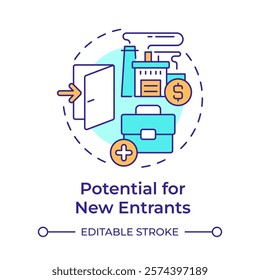 Potential for new entrants multi color concept icon. Difficult with entering industry. Porter 5 forces. Round shape line illustration. Abstract idea. Graphic design. Easy to use in article
