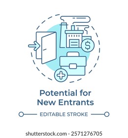 Potential for new entrants soft blue concept icon. Difficult with entering industry. Porter 5 forces. Round shape line illustration. Abstract idea. Graphic design. Easy to use in article