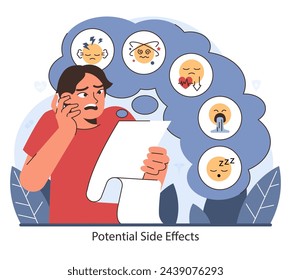 Potential Side Effects of Ketamine. An anxious patient contemplates the adverse reactions of therapy, emphasizing the importance of awareness and careful monitoring. Flat vector illustration.