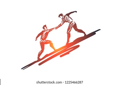 Potential, Work, Challenge, Hand, People Concept. Hand Drawn One Man Helps Another To Climb Concept Sketch. Isolated Vector Illustration.