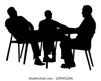 Potential worker job interview vector silhouette illustration isolated. Business people sitting, talking. IT partners meeting. Break relaxation work in restaurant. Desk chairs. Police investigation.