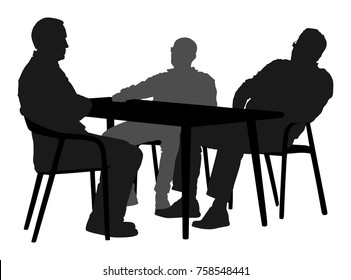 Potential worker in a job interview vector silhouette. Business people sitting and talking about new idea. IT partners meeting. Break relaxation after work in restaurant. Desk and chairs. Examination.