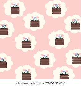 Linterna con flores. Un hermoso patrón con macetas de flores. Patrón rosa con flores. Fondo, textura, patrón, afiche