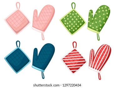 Potholder and oven mitt in different color and texture. Protective fabric tissue cloth with square, line and dot pattern. Flat vector illustration isolated on white background.