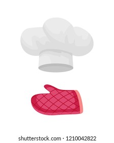 Potholder oven mitt and hat isolated icons vector set. Chefs hat part of uniform glove with squared pattern fireproof protective fabric cloth holder