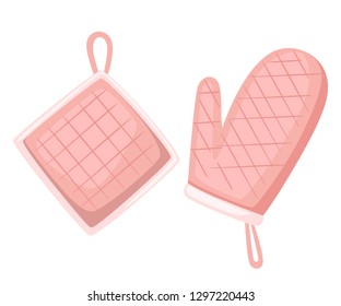 Potholder and oven mitt pink color. Protective fabric tissue cloth with square pattern. Flat vector illustration isolated on white background.