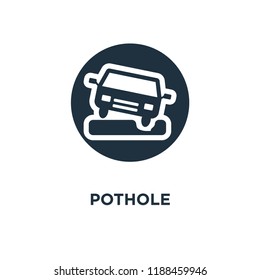 Pothole icon. Black filled vector illustration. Pothole symbol on white background. Can be used in web and mobile.