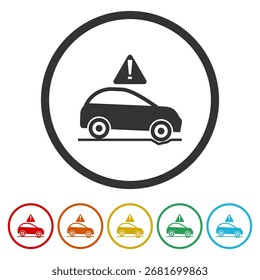 Icono de advertencia de bache con un automóvil. Establecer íconos en Botones de círculo de color