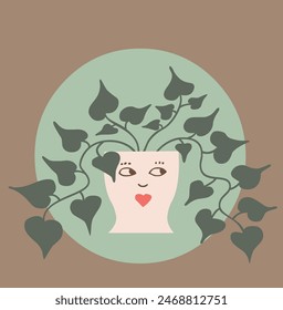 Pothos in flowerpot with funny face looking  to a side