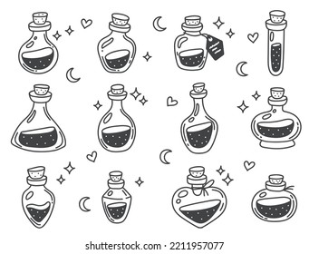 Potion alchemy jar bottle mystic glass line art style isolated set collection graphic design illustration