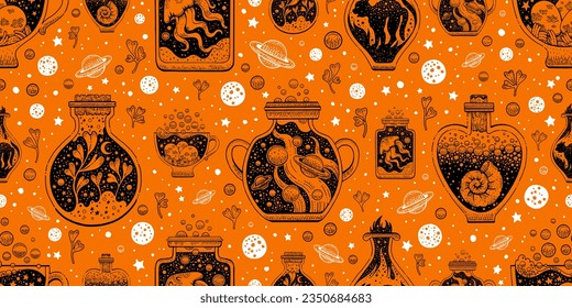 Potion alchemy seamless pattern. Halloween symbols. Magic elixir bottle and flask with cat, plant, flower, moon, shell. Occult witchcraft mystic background. Celestial esoteric orange witch pattern