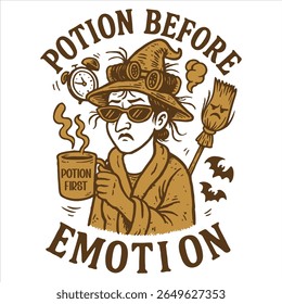 Potion Before Emotion - Trending Retro Halloween T-shirt Vector, Spooky Halloween Illustration, Scary Holiday Sayings, Funny Spooky Vibes Design