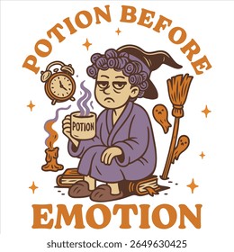 Potion Before Emotion - Trending Retro Halloween T-shirt Vector, Spooky Halloween Illustration, Scary Holiday Sayings, Funny Spooky Vibes Designs