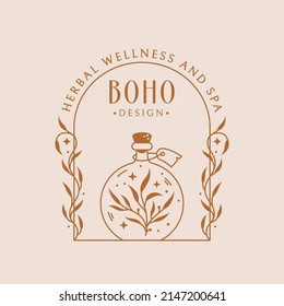 Potion boho logo. Trendy emblem for botanical healing, medicinal herbs, homeopathy, aromatherapy, essential oils, natural beauty product, etc. Vector isolated badge with magic elixir bottle and plants