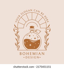 Logo de Potion boho. Emblema de moda para curación botánica, aromaterapia, aceites esenciales, hierbas medicinales, homeopatía, producto de belleza natural, etc. Insignia aislada vectorial con botella y plantas de elixir mágicas