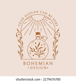 Potion boho logo. Trendy emblem for botanical healing, medicinal herbs, homeopathy, aromatherapy, essential oils, natural beauty product, etc. Vector isolated badge with magic elixir bottle and sun