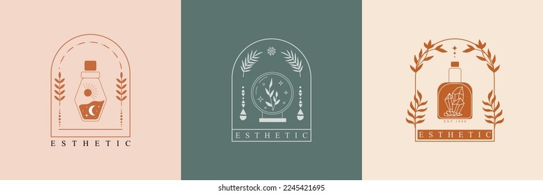 Potion boho logo. Trendy emblem for botanical healing, aromatherapy, essential oils, medicinal herbs, homeopathy, natural beauty product, etc. Vector isolated badge with magic elixir bottle and plants