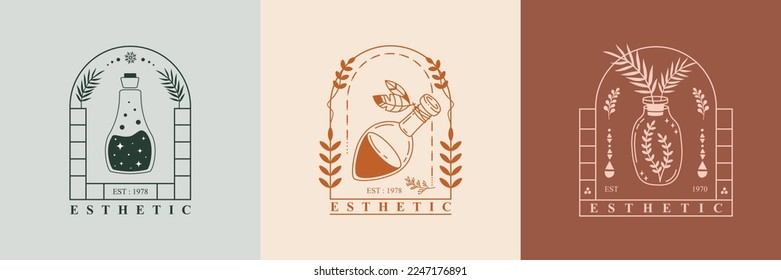 Potion boho logo. Trendy emblem for botanical healing, medicinal herbs, homeopathy, aromatherapy, essential oils, natural beauty product, etc. Vector isolated badge with magic elixir bottle and plants