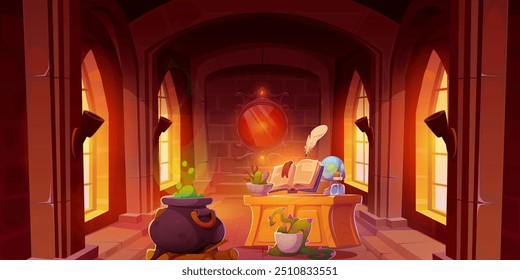 Potion boiling in witch cauldron in castle room. Vector cartoon illustration of ancient laboratory room, magic spell book on wooden desk, mirror on wall, green poison in pot, alchemy science classroom